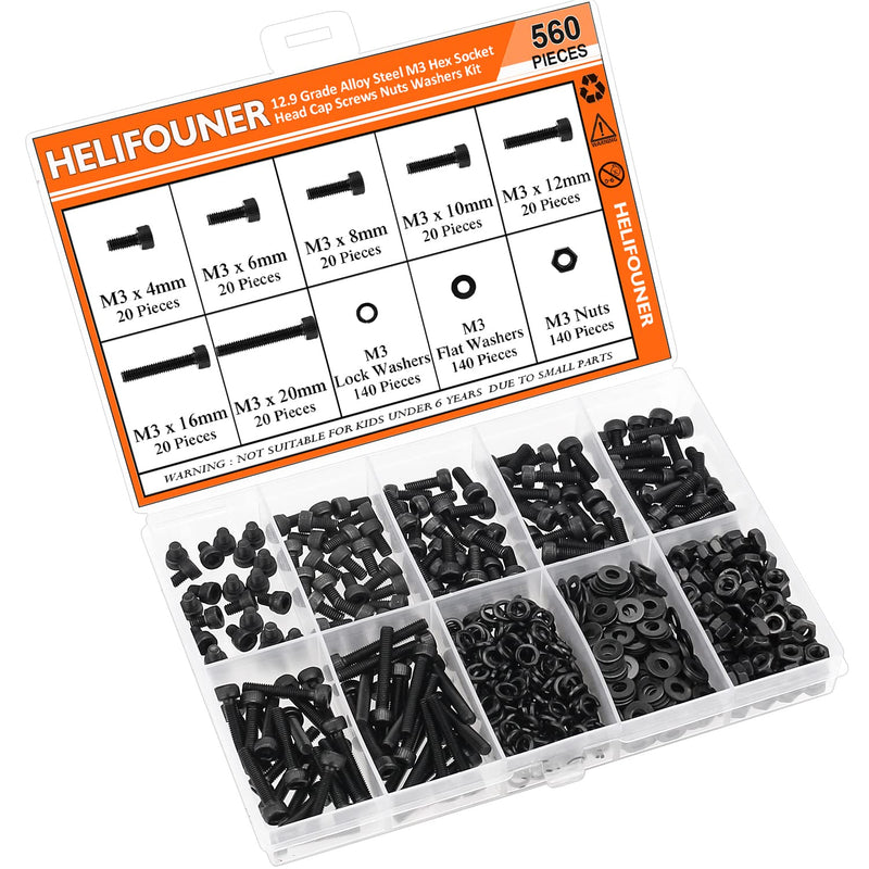 [Australia - AusPower] - 560 Pieces M3 x 4mm /6mm /8mm /10mm /12mm /16mm /20mm, Hex Socket Head Cap Screws Bolts Washers Nuts Kit, 12.9 Grade Alloy Steel, Full Threaded, Black 