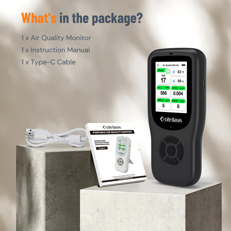 [Australia - AusPower] - LifeBasis Air Quality Monitor Indoor, 11-in-1 Air Quality Detector with Stand, Real-Time Air Meter Test AQI, PM1.0, PM2.5, PM10, CO2, TVOC, HCHO, Particles, Temperature and Humidity, Dual Alert -Black 