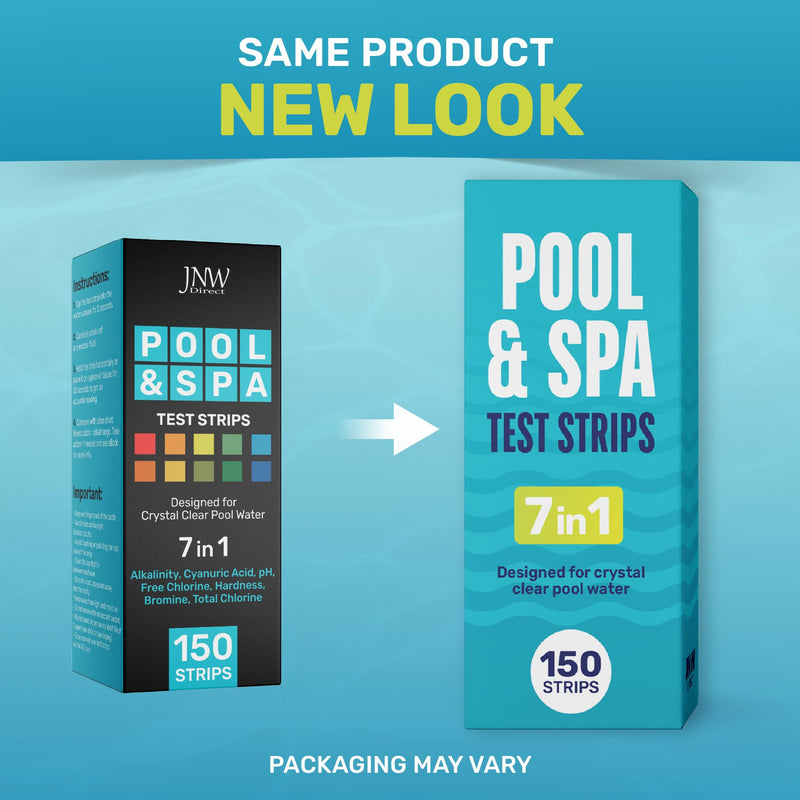 JNW 7-in-1 Pool Test Strips, 150 Quick & Accurate Test Strips for Pool Water, Spa Test Strips for Hot Tub, Chlorine Test Strips, Bromine, pH, Alkalinity, Hardness & More - Swimming Pool Test Kit 150 STRIPS - 7 IN 1 POOL TEST STRIPS