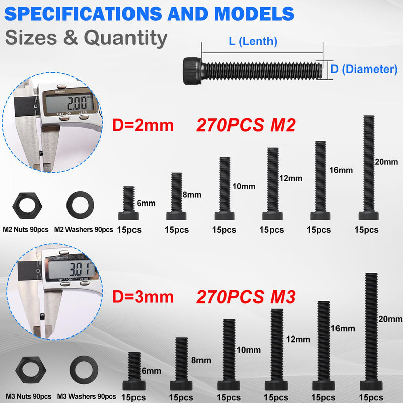 [Australia - AusPower] - mxuteuk 540PCS M2 M3 Metric Screws Assortment Set Suitable for 3D Printer DIY,Hex Socket Head Cap Screws Bolts Nuts Kit+2135PCS M3 Screws kit,M3x4mm-35mm Metric Screws Bolts Washers Nuts Kit 