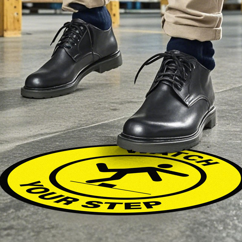 5 Pack Watch Your Step Floor Sticker Anti-Slip Safety Sign 17 × 17 Inches Self Adhesive Vinyl Waterproof Signage for Floors Stairs Warehouses Offices Retail Stores