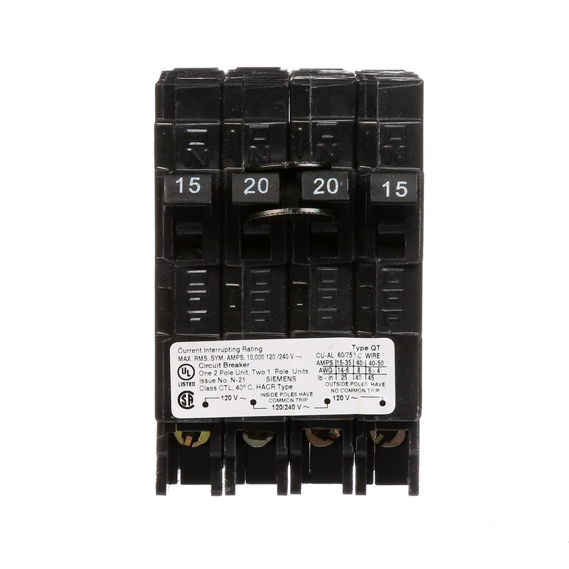SIEMENS Q21520CT Triplex Two Outer 15 Amp Single-Pole and One Inner 20 Amp Double-Pole Circuit Breaker