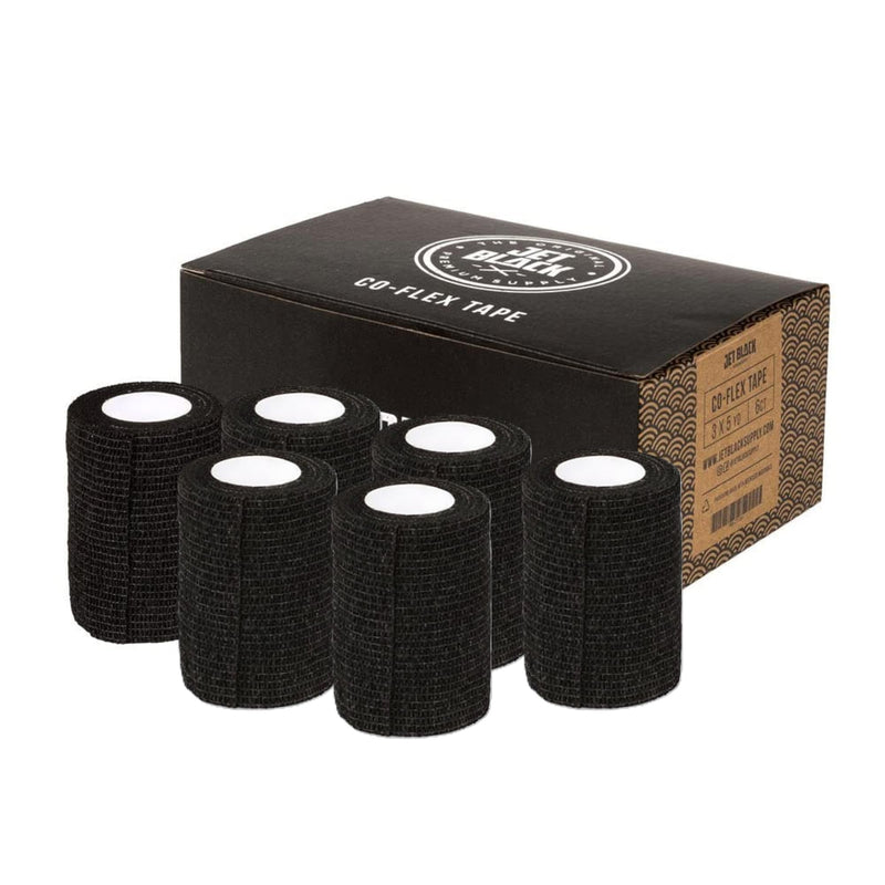 Jet Black Supply CoFlex Tape Bandage Wrap Grips, Tattoo Pen Grip Tape, 3 inch x 5 Yards, Pack of 6, Self-Adhesive Bandage Wrap Rolls for Tattoo, Securing Bandages, Professional Tattoo Supplies, Black