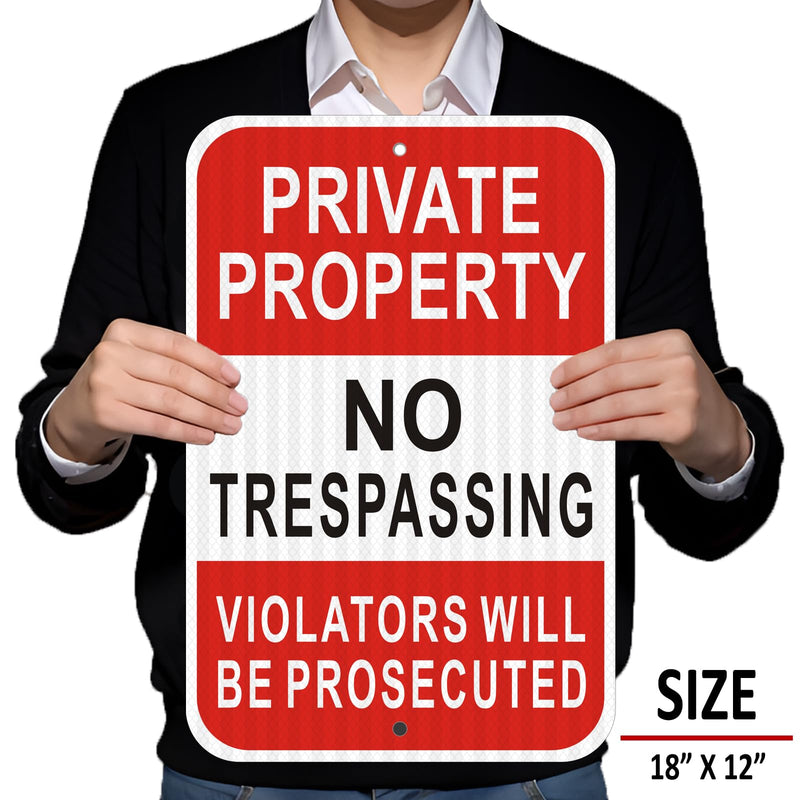 (2 Pack) Reflective Metal No Trespassing Signs Private Property, 18" x 12" Heavy-duty Aluminum Private Property Signs Outdoor, Keep Out Violators Will Be Prosecuted, Rust-free, No Fade, Weather-resistant, Easy to Mount BLACK NO TRESPASSING - 12"X18"