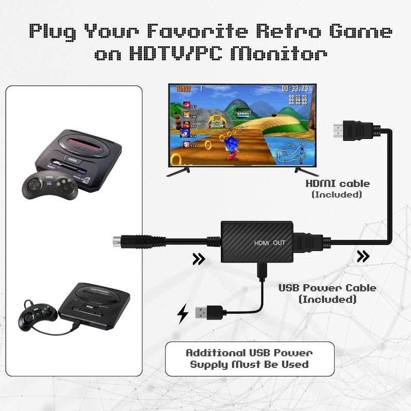 TNP for Sega Genesis HDMI Cable Converter Adapter Link Wire Cord Compatible with Sega CD, CDX, 32X, Nomad, Mega Drive 2, Original Master System Console for HD TVs, Monitors, and Projectors