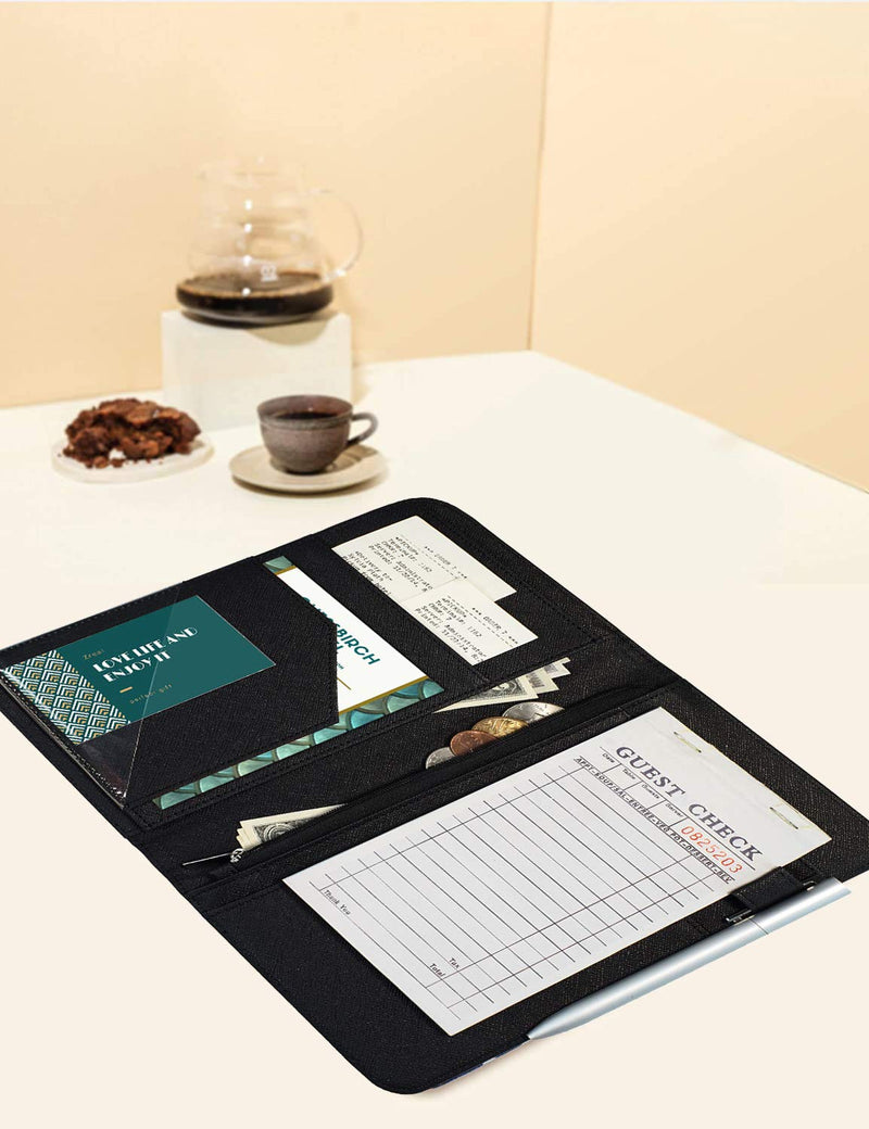 [Australia - AusPower] - Zreal Server Book With Zipper Pocket, 5 X 9 Waitress Book, Magnetic Closure Pocket, Big Volume, Guest Check With Pen Holder for Waiter Server Wallet Fit Waitress Apron (Black) Plain Black 