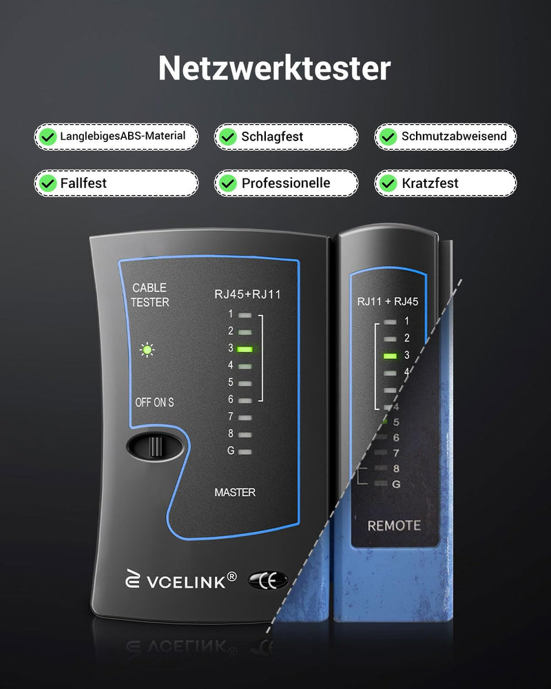 [Australia - AusPower] - VCELINK Kabeltester, Netzwerktester Kabeltester für RJ45 RJ11 Kabel-Patchkabel-Leitungstester, LAN Tester, Telefon Kabelteser, Schwarz 