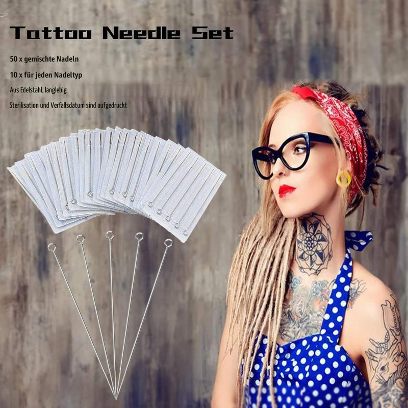 LATTCURE Disposable Sterile Tattoo Needles, 50 Pieces Tattoo Needles Set, Mixed Tattoo Needles, 1RL 3RL 5RL 7RL 9RL, Needles Stick and Stainless Steel Needles Set for Liner and Shader, Tattoo