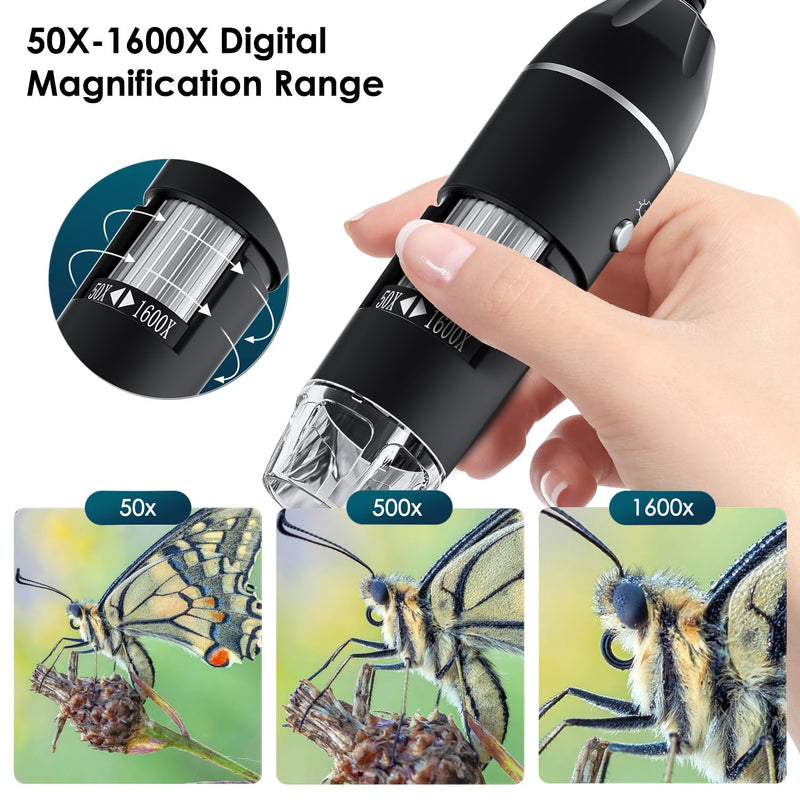 [Australia - AusPower] - USB Digital Microscope, SKYBASIC Handheld HD Inspection Camera with 50x to 1600x Magnification and Adjustable Stand, 8 LED Lights, Compatible with iOS and Android Devices Black 