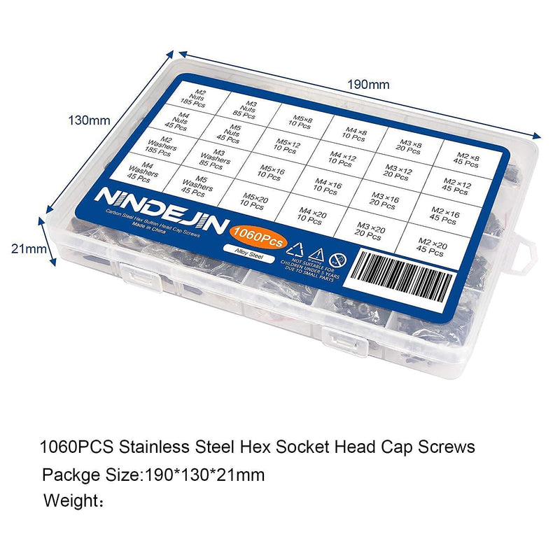 [Australia - AusPower] - NINDEJIN M2 M3 M4 M5 Hex Socket Head Cap Screws Assortment Kit, Machine Screw Bolts, Nuts, Washers & Wrench (880pcs Stainless Steel+1060pcs Carbon Steel) 