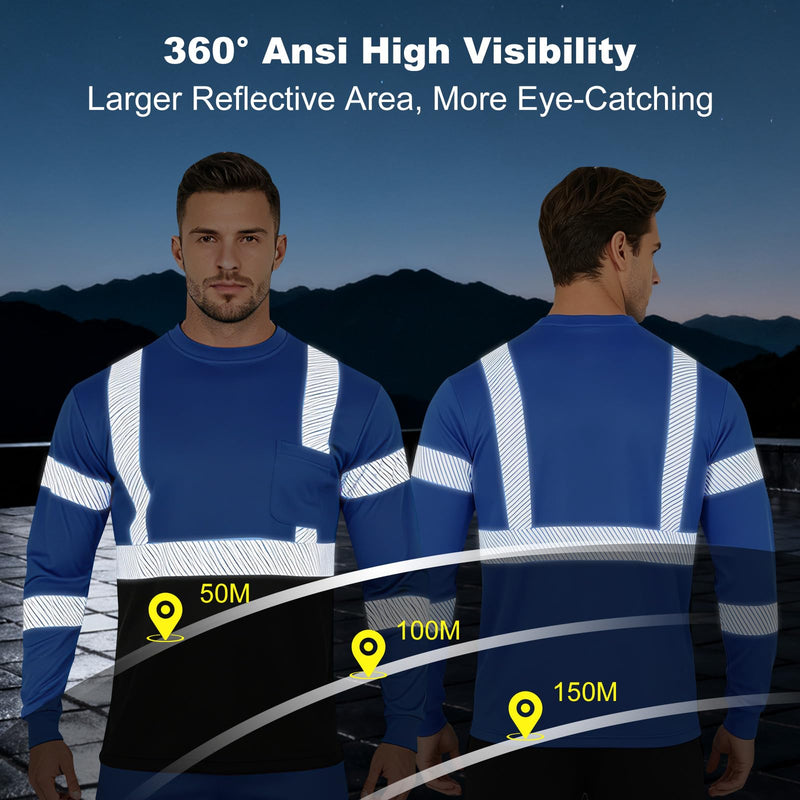 FONIRRA Safety Reflective High Visibility Shirts for Men ANSI Class 3 Hi Vis Long Sleeve Construction Work T-Shirts with Durable Reflective Tape, Blue X-Large