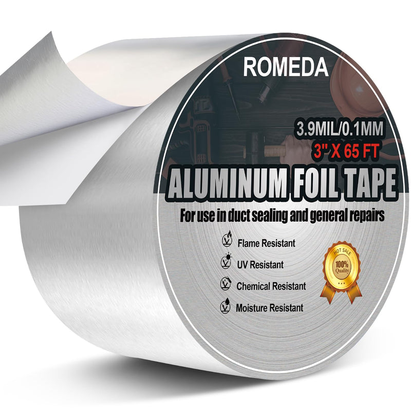 Romeda Aluminum Foil Tape, 3 inch x 65 Feet (3.9 mil), Insulation Adhesive Metal High Temperature Heavy Duty HVAC Tape, Silver for Ductwork, Dryer Vent, HVAC 3 inch x 65Ft