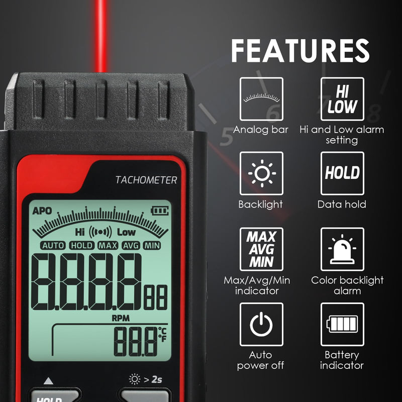 [Australia - AusPower] - Non-Contact Digital Tachometer RPM Meter Speed Gauge Laser Photo Tachometer with 2.5~99999 RPM Range, Backlit Display | Analog Bar Scale | Custom Alarms for HVAC Motor Engine Speed Tester 