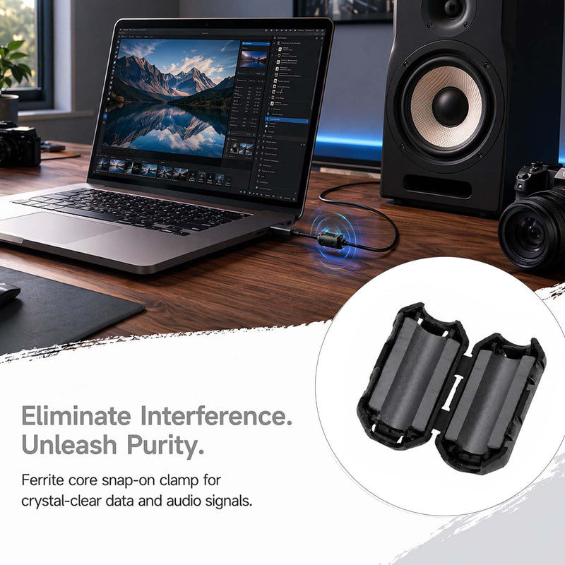 Ferrite Core Set 30 Pieces 3 Sizes 3.5 mm 5 mm 7 mm Black | Nickel zinc ferrite with PA66 clip housing to reduce EMI RFI interference to USB audio video and power cables