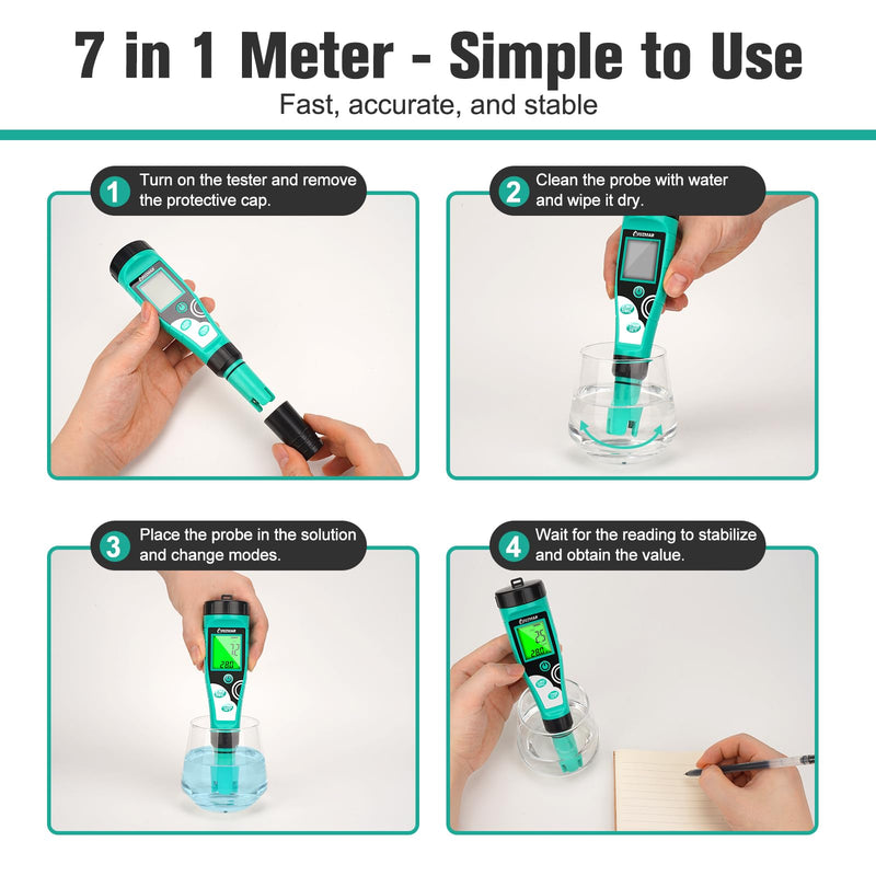 [Australia - AusPower] - Pool Salt Tester pH Meter Digital Chlorine pH Tester Salt Meter for Pool 7 in 1 Water Tester for Swimming Pool Aquariums 7 in 1 Meter 