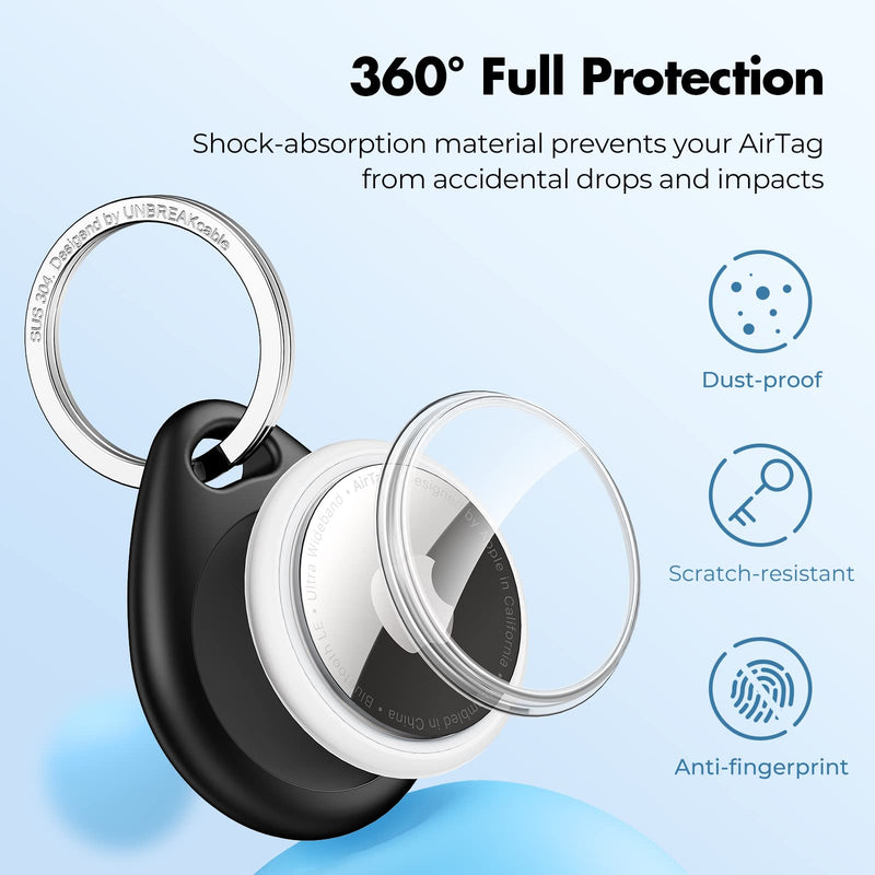 [Australia - AusPower] - UNBREAKcable Apple AirTag Holder - 4 Pack [Fit Tightly Design] [Easy to Install] [Hold Air Tag Securely] Waterproof TPU Shell Protective Case with 304 Stainless Steel Keychain Key Ring Black&Blue&Orange&Green 