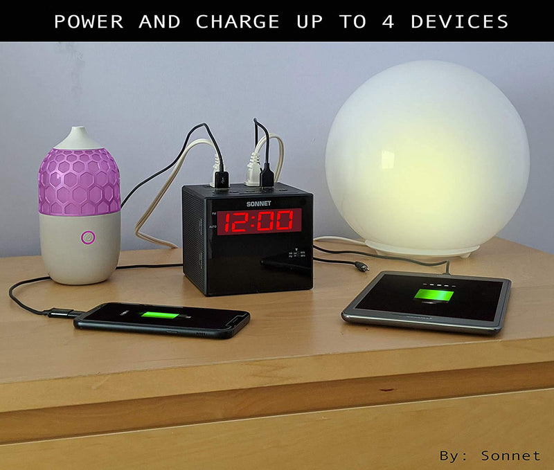 [Australia - AusPower] - Sonnet Alarm Clock Charging Station, AM FM Radio, Dual USB Charging Ports, Dual AC Outlets, Very Loud Alarm Clock for Heavy Sleepers and The Hearing Impaired for Desk, Bedroom R1414-NO BLUETOOTH 