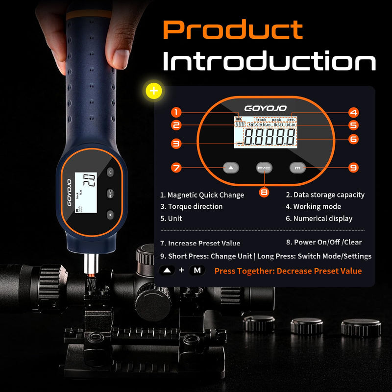 GOYOJO Digital Torque Screwdriver 7.08–70.8 in-lb / 0.8–8 Nm, 1/4" Adjustable Torque Screwdriver Set with Buzzer & Magnetic Bits, 999 Data Storage, for Gunsmithing, Electronics, and Mounting
