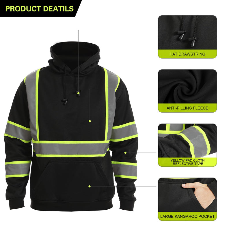 High visibility Hoodie for Men,Class3 Hi Vis Hoodie Pullover，Reflective Hooded Hood,Construction work Safety Sweatshirt with Large front Pocket for Men/Women BLACK,Medium Black01 Medium