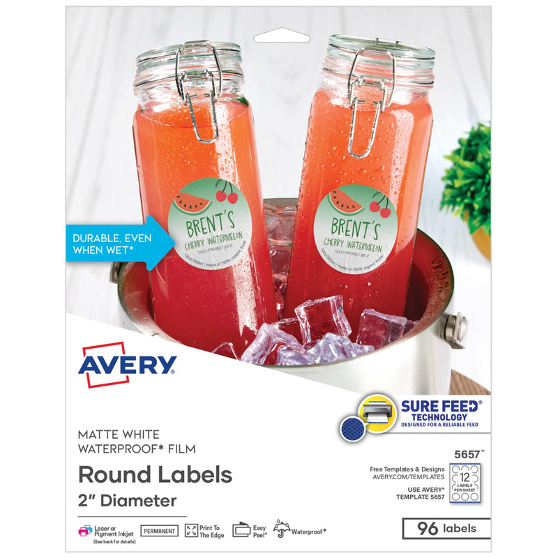 Avery Durable Waterproof Labels, Sure Feed Technology, 2" Diameter, Matte White, Laser/Pigment-Inkjet Printable, 96 Blank Labels, Great for Food Containers, Product Merchandising, and More (5657) 96 labels