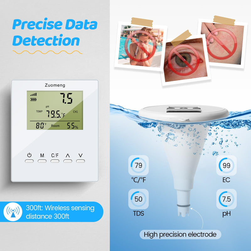 [Australia - AusPower] - Wireless Pool Monitor, Solar Pool Water Tester with Dual Displays & High-Precision Electrode for Real-Time Detection of Water Temp pH EC TDS for All Swimming Pools, Spas, and Hot Tubs 