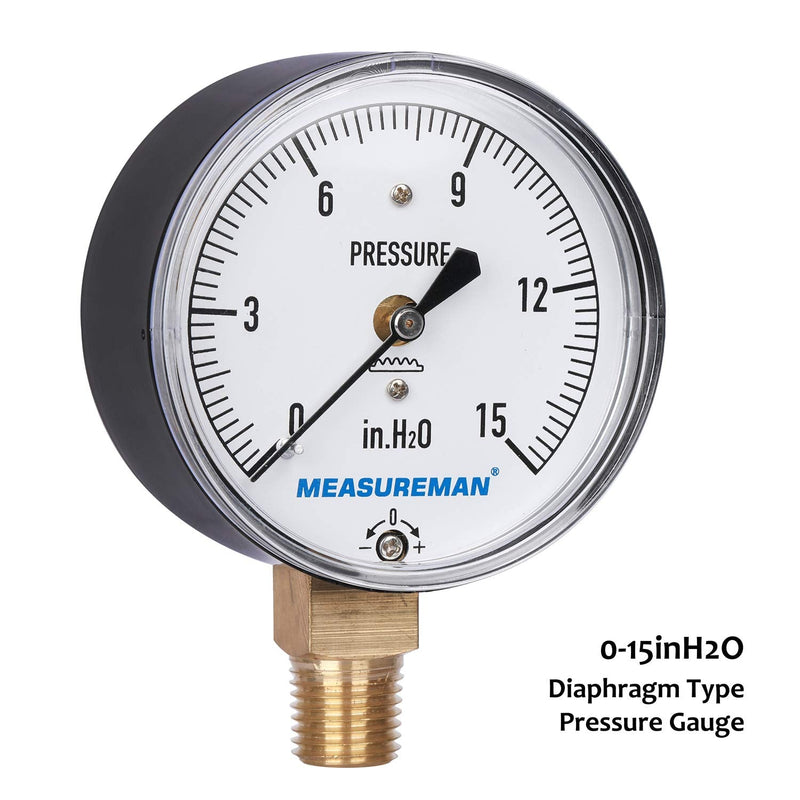 [Australia - AusPower] - MEASUREMAN Diaphragm Type Capsule Low Pressure Gauge, 2-1/2" Dial, 1/4"NPT Lower Mount, Adjustable, 0-15 in H2O(Inches of Water) 