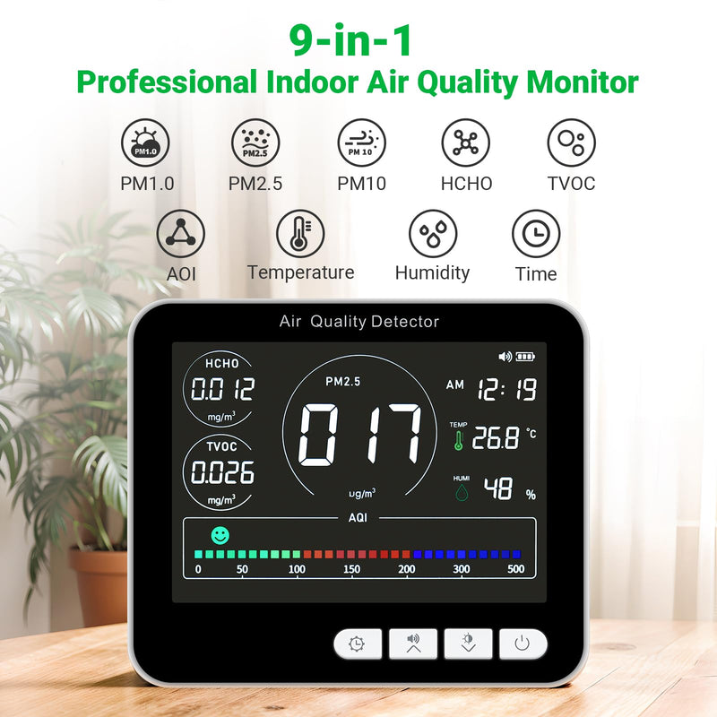 [Australia - AusPower] - BIBIRE 14-in-1 Air Quality Monitor Indoor with Beep Alarm, 6 AQI Air Detector with PM1.0|PM2.5|PM10|HCHO|TVOC|AQI|Temperature|Humidity|Time for Home, Hotel, Office, Car, Battery Powered 