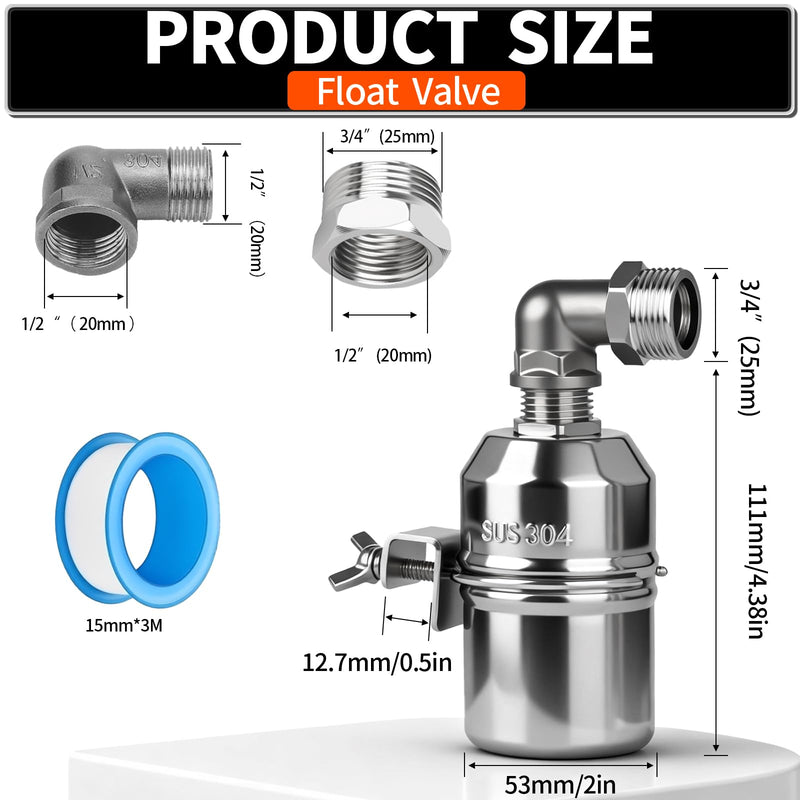 1/2“ 304 Stainless Steel Automatic Water Level Control Float Valve for Water Tank, Cattle Trough, Pools, Livestock (With Elbow, Metal Clip, 1/2" to 3/4" adapter) (2-Pack) 2-Pack