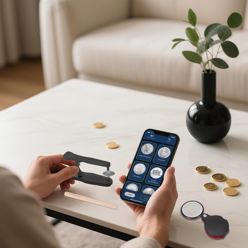 [Australia - AusPower] - Coin Ping Tester Kit, The Pocket Coin Ping pinger Tester Kit, Gold & Silver Coin Ping Testing- Coin Validation via Ping Resonance Testing & Size Comparison, Portable & Technical Specifications Style. 