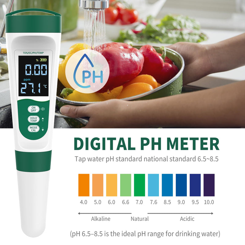 [Australia - AusPower] - 5-in-1 Digital PH Meter, with Voice Function, PH/TDS/EC/Temp/Salt Pool Salt Tester, Waterproof & Rechargeable Pen Meter for Swimming Pools, Fish Tank, Aquariums & Hydroponics 