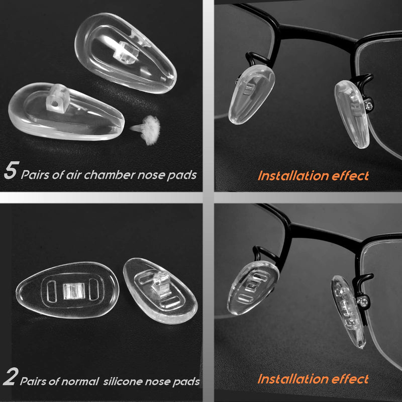 [Australia - AusPower] - Eyeglasses Nose Pads, TEKPREM Glasses Nose Pads Replacement Repair Tools Kit with 5 Pairs of Air Chamber Silicone Nose Pads,Screws,Screwdrivers,Tweezer and Cleaning Cloth for Glasses and Sunglasses 