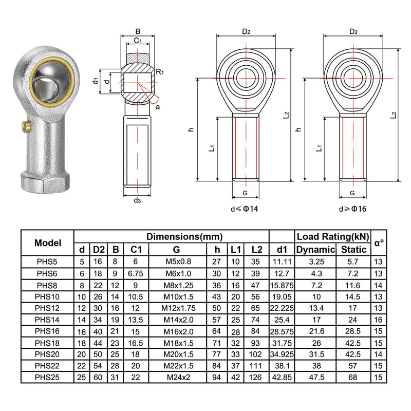 [Australia - AusPower] - uxcell 2pcs PHS8 M8 Female Rod End Bearing M8x1.25 Right Hand Thread, Self-Lubricating Joint Rod Ends, includes Jam Nut 