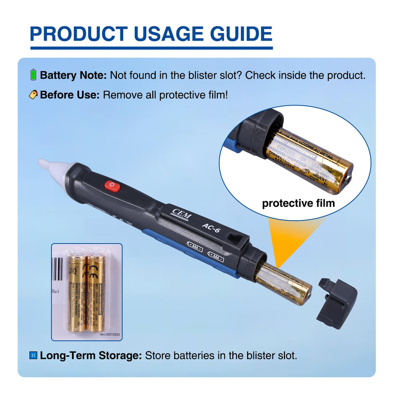 [Australia - AusPower] - Voltage Tester,CEM AC-6 Non-Contact Voltage Detector,Electrical Tester,AC,LCD Display in Percentage,Buzzer Alarm,Live Wire Tester,Wire Breakpoint Finder - Black-Built-in/External Battery (Random) 