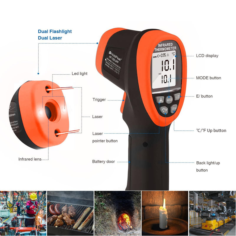 [Australia - AusPower] - HOLDPEAK Non-Contact Infrared Thermometer with APP, High Temp Laser Temperature Gun (-58°F~2732°F), D:S=30:1, MAX/MIN/AVG/DIF, High/Low Temp Alarm, Backlight for Industrial & Home Use (NOT for Human) 1500APP-OR-HIT 