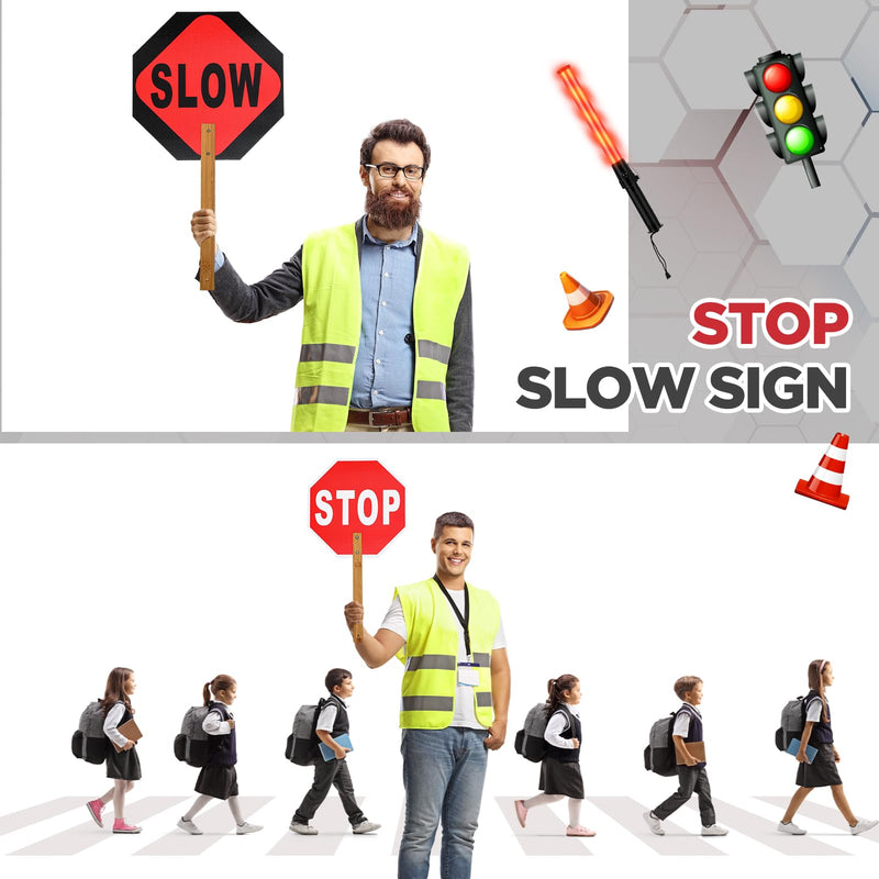 4 Pcs Stop Slow Sign Signal Traffic Wand Reflective Safety Vest Set 13" Crossing Guard Stop Sign with Handle 17" LED Traffic Control Baton High Visibility Security Vest for Road Airport Parking