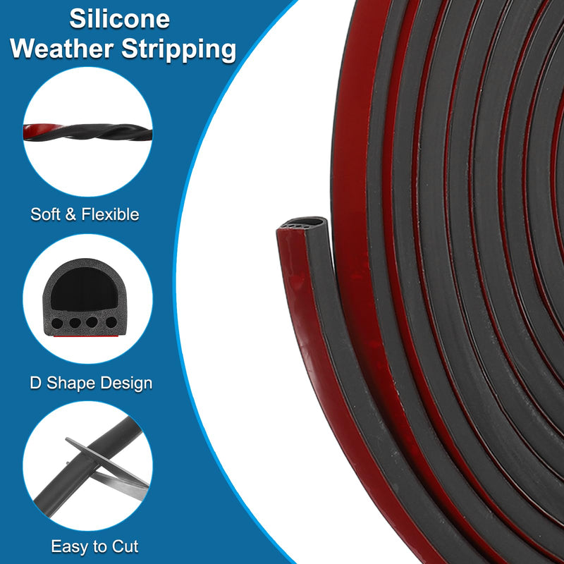 PATIKIL 9/16 Inch x 1/2 Inch x 20 ft D-Shaped Weather Stripping Door Seal Strip, Self Adhesive Silicone Seal Tape fit 8-11mm Gap for Door Frame Window, Black