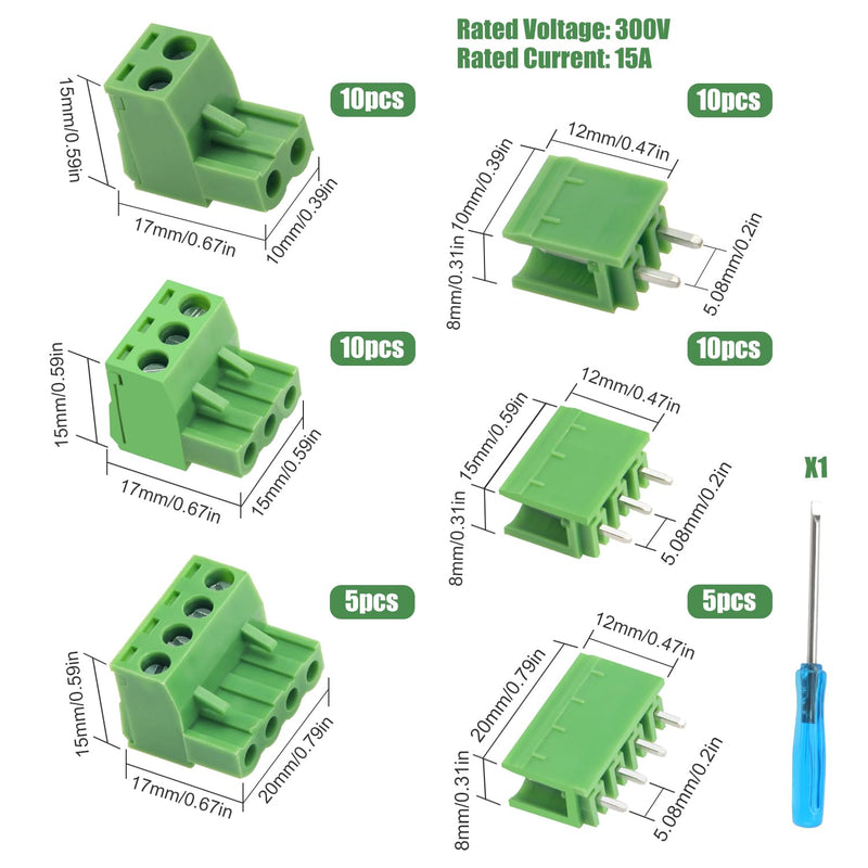 YIXISI 25 Pairs PCB Mount Screw Terminal Block Pluggable, 5.08 mm 2 Pin / 3 Pin / 4 Pin PCB Terminal Block Plug, Screw Terminal Block Connector, for PCB Straight 2 Pin + 3 Pin + 4 Pin