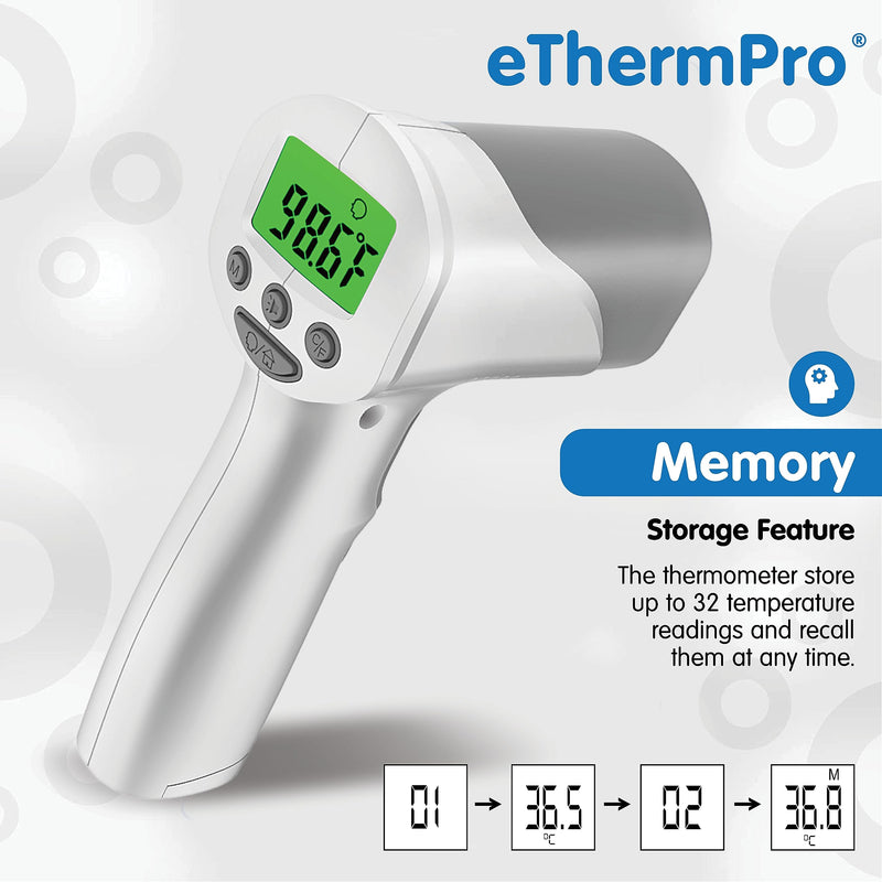 [Australia - AusPower] - Elepho eTherm Pro Medical Quality Non-Contact IR Forehead Thermometer for Family or Office Use. Instant Body, Object, or Liquid Readings. Large LCD Display. 32 Memory Readings 