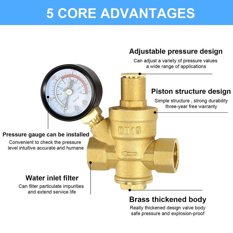 [Australia - AusPower] - Water Pressure Regulator 1/2 inch with Gauge, Made of 100% High Hardness Brass, Adjustable Water Pressure Reducing Valve Water 