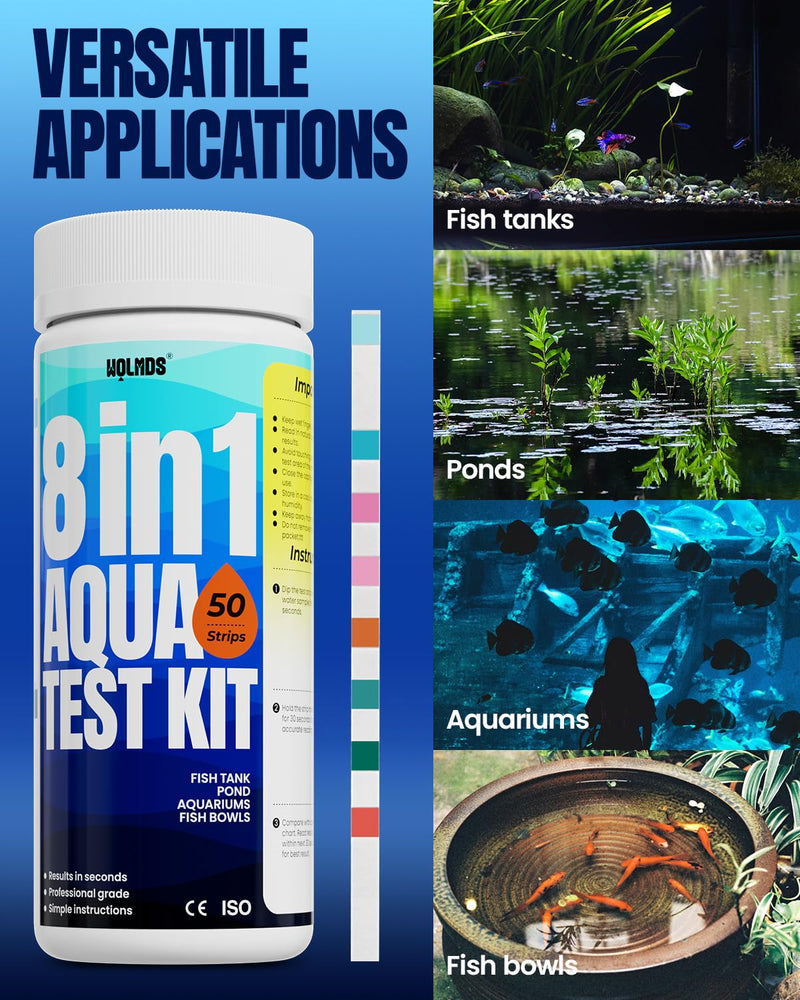 Aquarium Test Strips - 8-in-1 Aquarium Water Test Kit: Fish Tank Testing Kit for Freshwater & Saltwater, 50 Strips,Fast & Accurate Ammonia, pH, Hardness, & More， Lead Water Test Kit for Ponds W-8