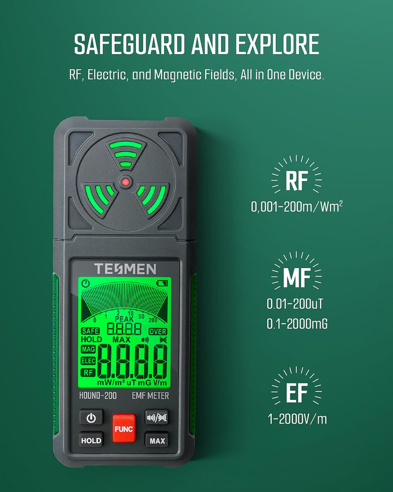 [Australia - AusPower] - EMF Meter, Hound-200 EMF Detector: 3-in-1 Portable Electromagnetic Field Radiation Detector for EF, RF, MF, WiFi Signal, Suitable for Home, Office EMF Inspections and Ghost Hunting - Green 