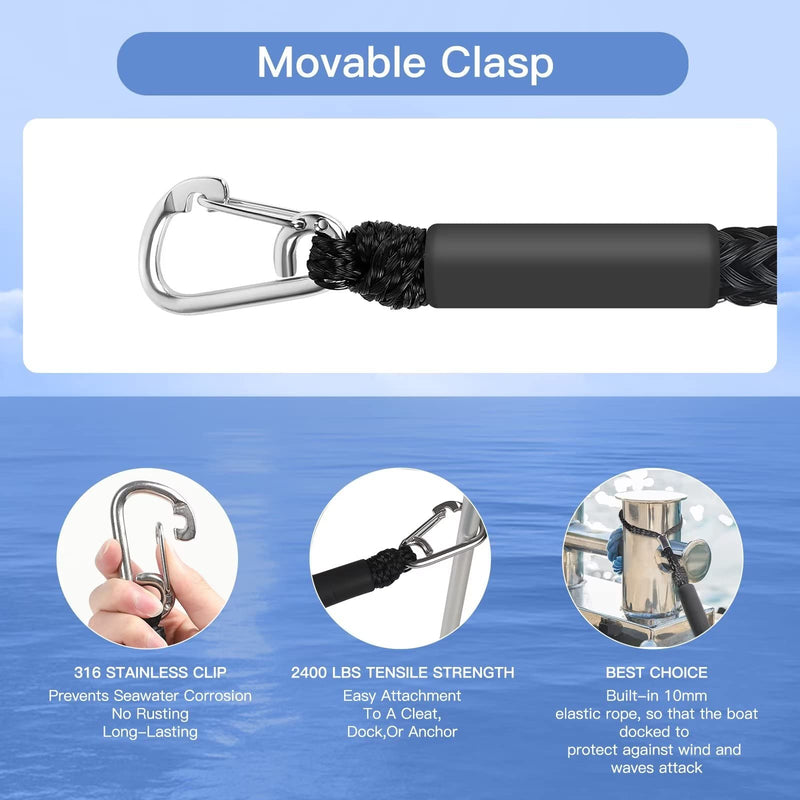 Bungee Dock Lines for Boats, Boat Dock Line Mooring Rope with Clip Boat Accessories for Jet Ski,PWC,Kayak,Watercraft,Power Boat,Dinghy 4-5.5ft(Black,2PCS) 2 Pack Black