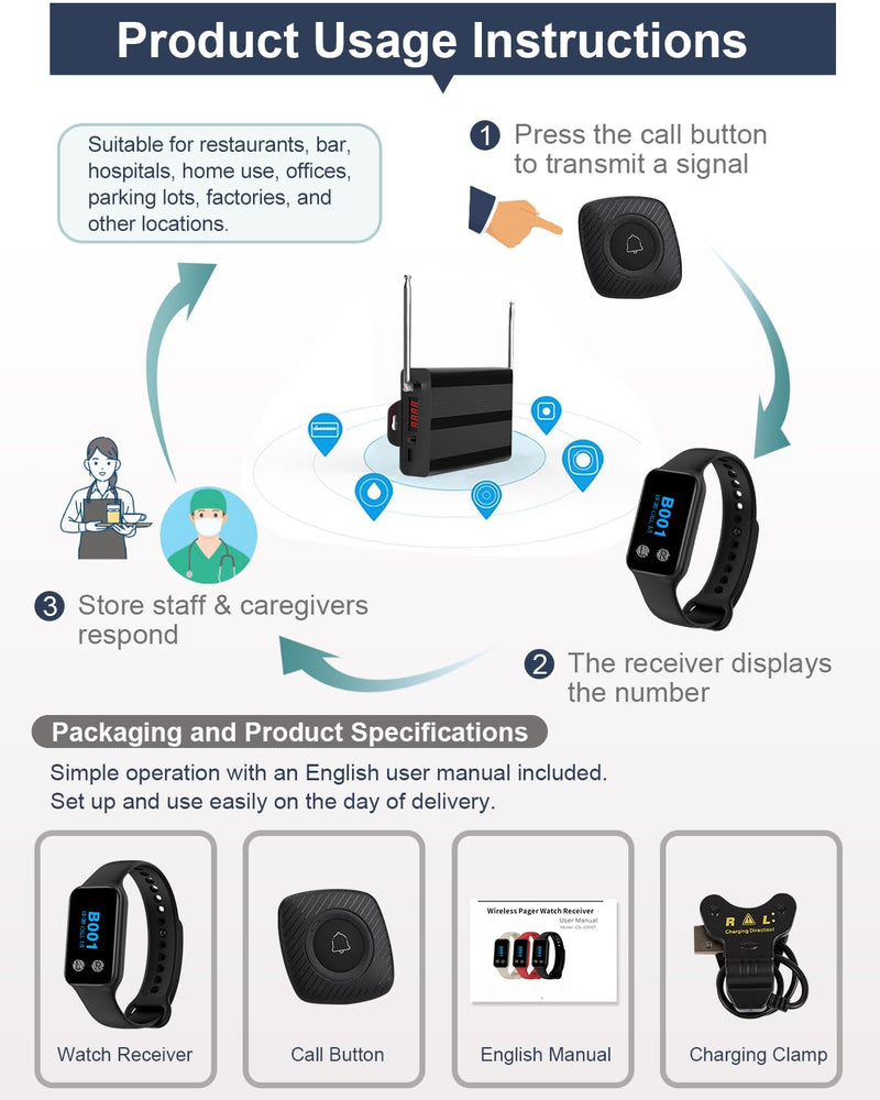 [Australia - AusPower] - Caregiver Call Button Wireless Caregiver Pager 400+ Feet SOS Alert Nurse Calling System for Seniors Patients Nurse Emergency Clinic (1 Call Button(M1BB) + 1 Watch Receiver(200VT)) 1 call button(M1BB) + 1 watch receiver(200VT) 