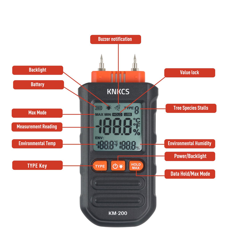 [Australia - AusPower] - Wood Moisture Meter for Lumber - Ideal Moisture Meter for Wood, Firewood, Lumber, Bricks, Floors, Drywall - Accurate to 0.1% with Backlit LCD, Temperature & Humidity Display 