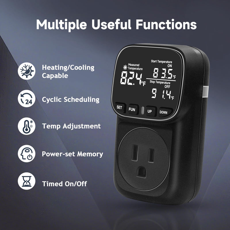 [Australia - AusPower] - Digital Temperature Controller Outlet, Plug-in Thermostat with LCD Display, Black, Indoor Temperature Monitoring 