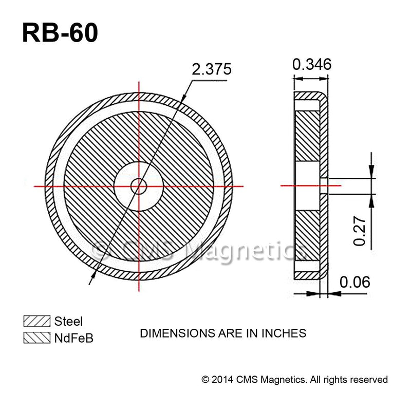 [Australia - AusPower] - CMS MAGNETICS - 5-Pack RB60 C8 Ceramic Ferrite Round Base Magnet with Anti-Corrosion Chrome Plated Steel Cup and 50 LB Pull Force - Cup Diameter: 60.4mm, Center Hole: 6.9mm, Thickness: 8.9mm 
