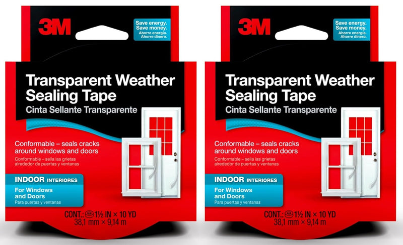 3M Interior Transparent Weather Sealing Tape, 1.5" x 10 Yards (2 Pack), Moisture-Resistant Insulating Tape for Interior Windows & Doors – Seals Drafts, Reduces Energy Loss, No-Residue Removal