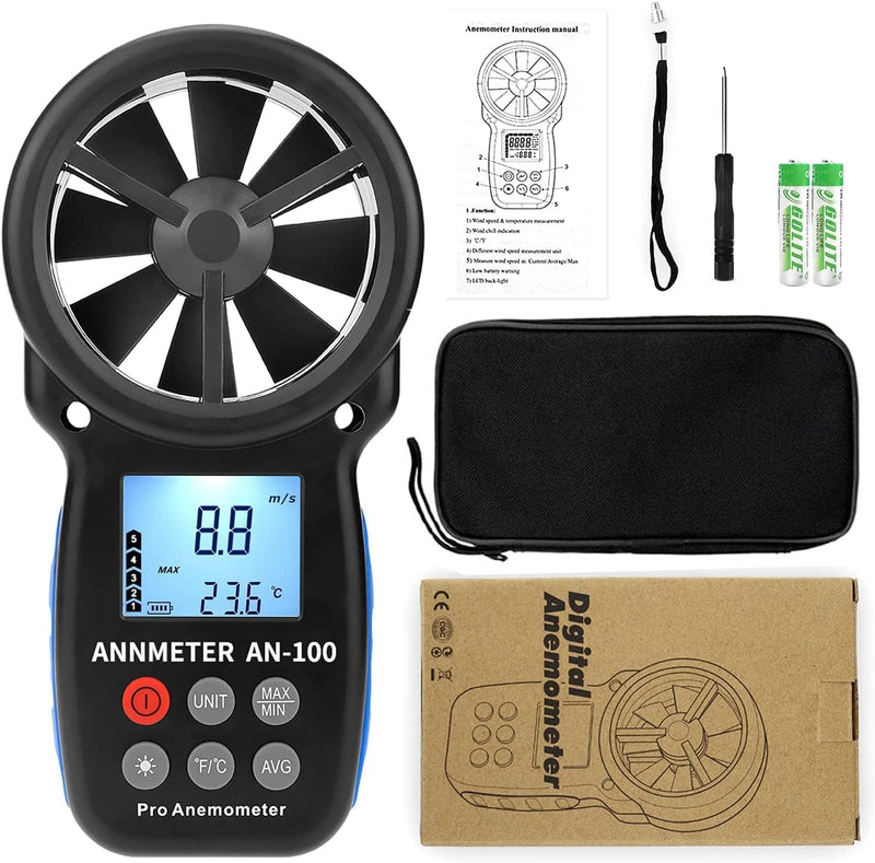 Digital Wind Gauge Anemometer, AIOMEST Wind Meter Measures Wind Speed 90 km/h & Air Temperature ℃/℉, Portable Wind Meter AI-100 for Sailing, Windmill, Windsurfing, Ventilation System