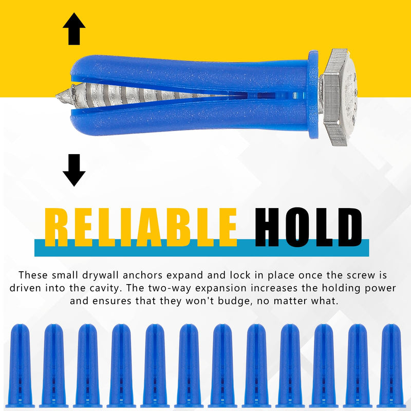 Glooglitter 1000 Pcs 10-12 x 1 Inch Plastic Wall Anchors Blue Ribbed Drywall Conical Anchors for Hollow Walls Concrete Brick Masonry Furniture Pictures Artwork Decor Light Duty Anchoring Application