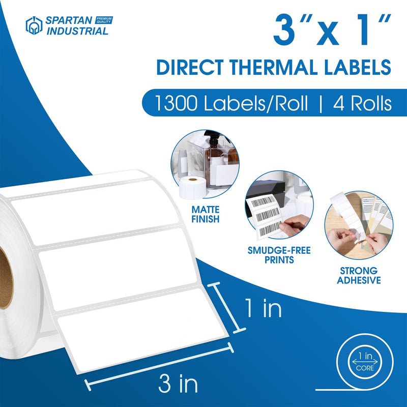 Spartan Industrial - 3" X 1" Direct Thermal Labels (5200 Count, 4 Rolls) - Inventory Barcode Stickers, SKU Labels, and Shelf Identification - Compatible with Zebra and Rollo Printers 3" X 1" 4 Count